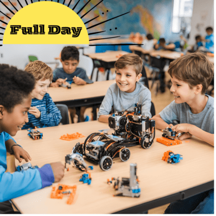 Kids engaging with robots in a camp setting, exploring hands-on STEM activities, programming, and building innovative creations together in a fun and collaborative environment.